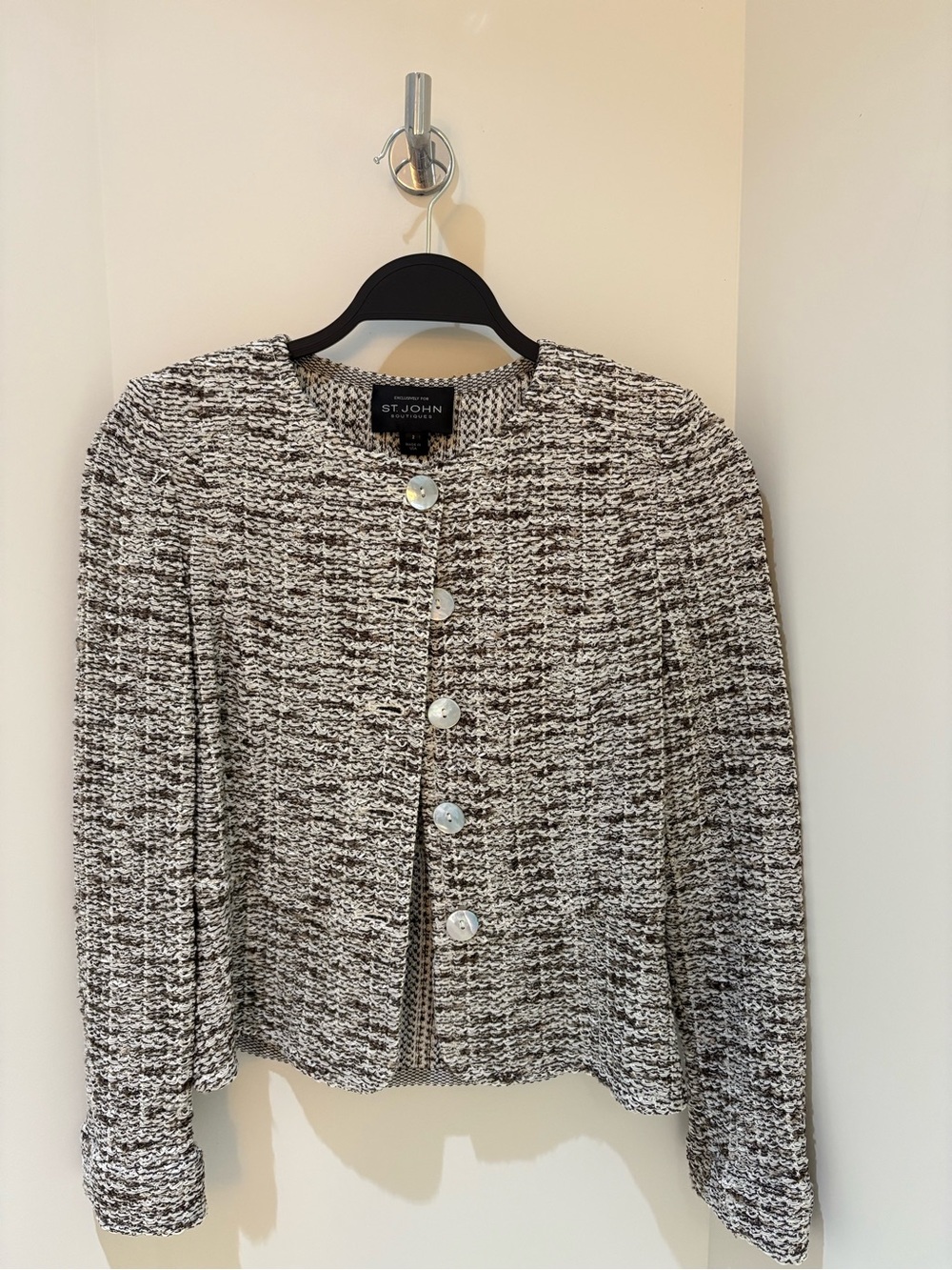 St. John Boutiques Linen Blend Knit Jacket Size 2 Ivory Brown Made in USA